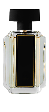 Perfume Bottle with Black Label and Cap on White Background
